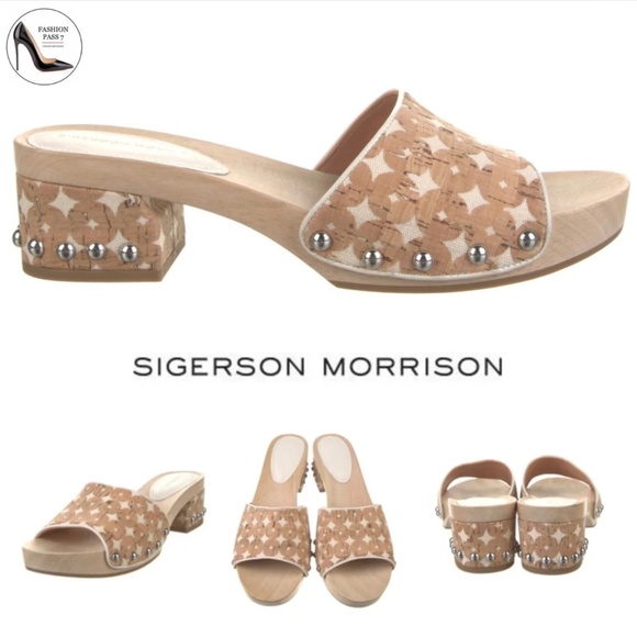Sigerson Morrison Akira Beige Canvas Printed Slides Clogs Wooden Platform Mule 8 - Picture 1 of 9